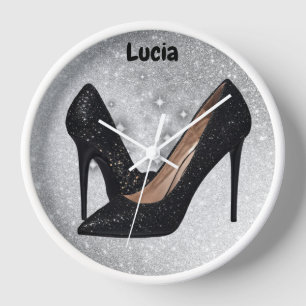 Black Glitter High Heel Shoe on Silver   Clock