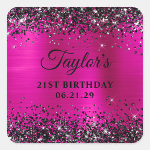 Black Glitter Hot Pink Foil 21st Birthday Square Sticker