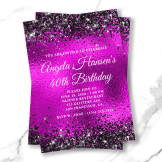 Black Glitter Hot Pink Glass Foil 40th Birthday Invitation
