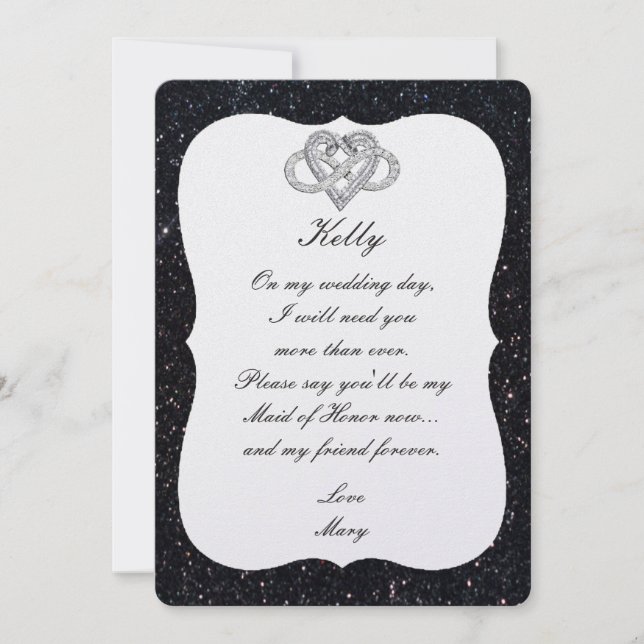 Black Glitter Infinity Heart Maid Of Honour Card (Front)