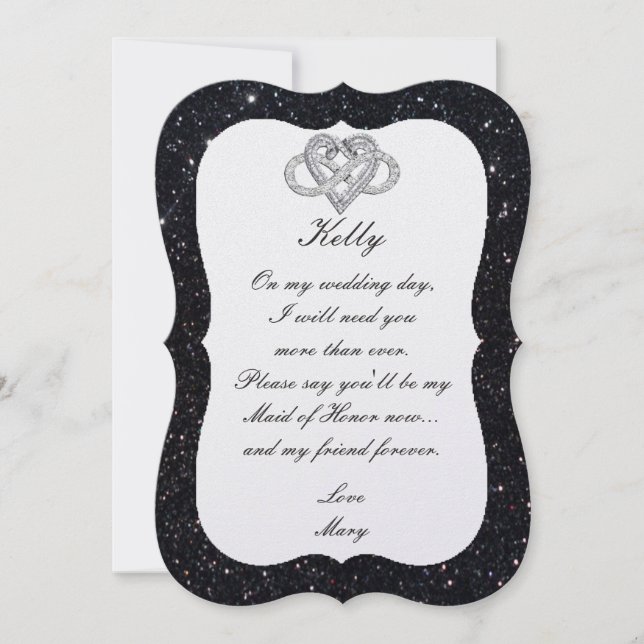 Black Glitter Infinity Heart Maid Of Honour Card (Front)