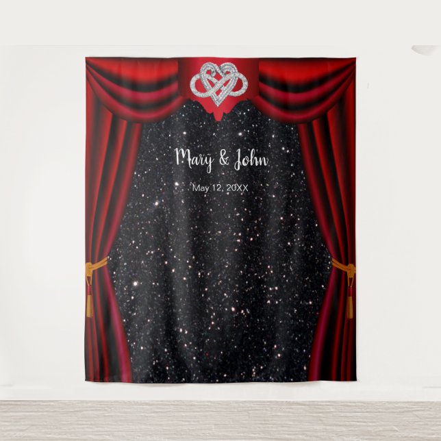 Black Glitter Infinity Heart Red Curtain Backdrop Tapestry (Front)