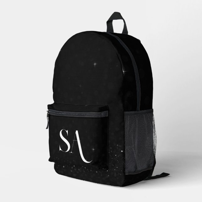 Black Glitter Initials Print Cut Sew Backpack (Back Corner Right)