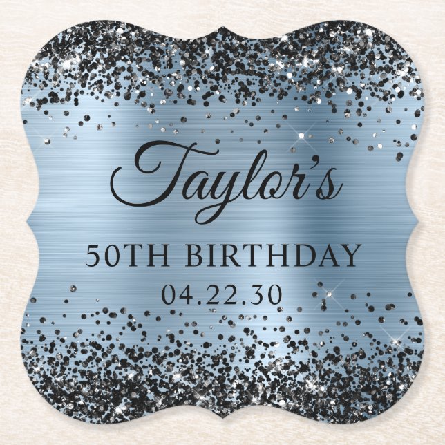 Black Glitter Light Blue Foil 50th Birthday Paper Coaster (Front)