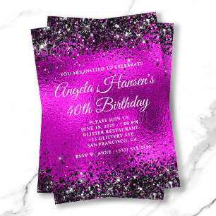 Black Glitter Magenta Glass Foil 40th Birthday Invitation