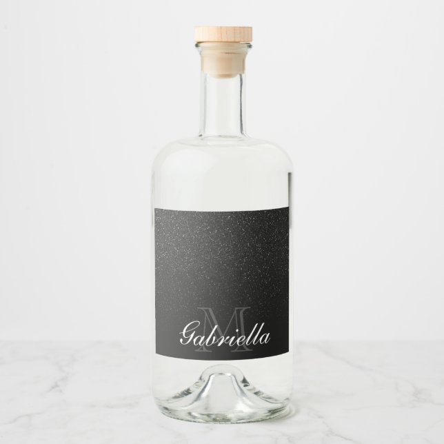 Black Glitter Monogram Liquor Bottle Label (Front)