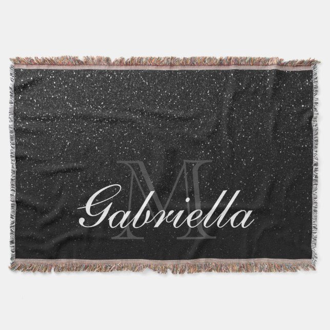 Black Glitter Monogram Throw Blanket (Front)