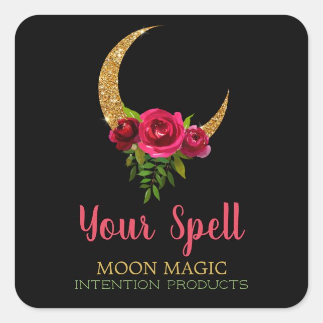 Black Glitter Moon Spell Square Sticker (Front)