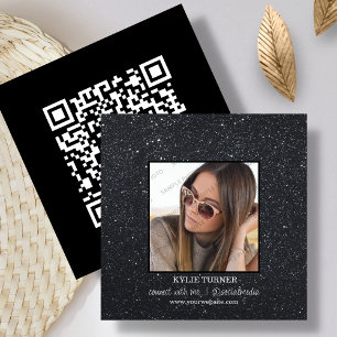 Black Glitter   Photo   Social Media QR Code   Square Business Card