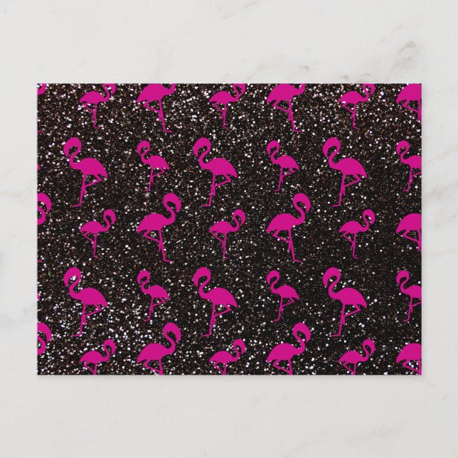 Black glitter pink flamingo postcard (Front)