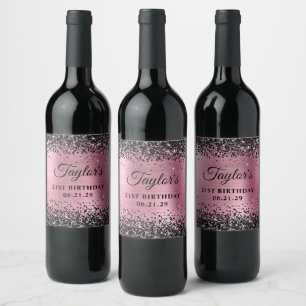 Black Glitter Pink Foil 21st Birthday Wine Label
