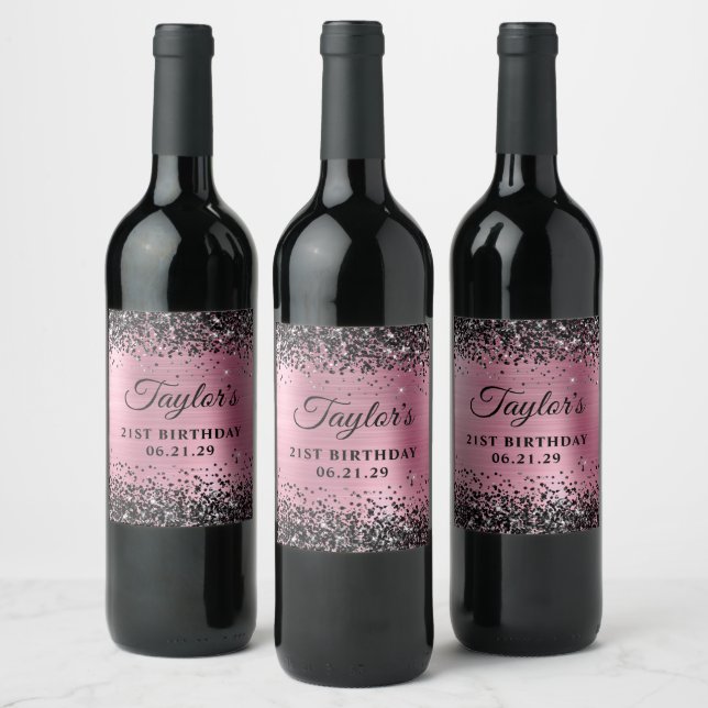 Black Glitter Pink Foil 21st Birthday Wine Label (Bottles)