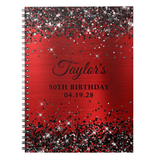Black Glitter Red Foil 50th Birthday Guestbook Notebook (Front)
