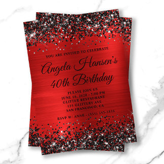 Black Glitter Red Foil Monogram 40th Birthday Invitation