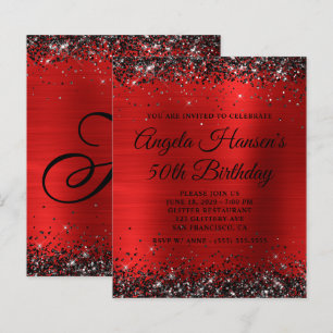 Black Glitter Red Foil Monogram 50th Birthday