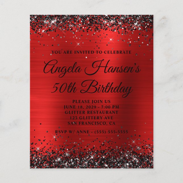 Black Glitter Red Foil Monogram 50th Birthday Flyer (Front)