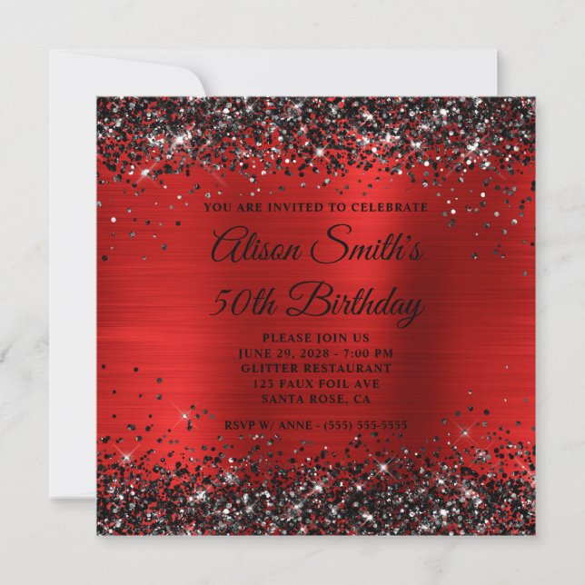 Black Glitter Red Foil Monogram 50th Birthday Invitation (Front)