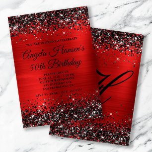 Black Glitter Red Foil Monogram 50th Birthday Invitation