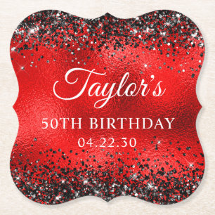 Black Glitter Red Glass Foil 50th Birthday Paper Coaster
