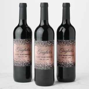 Black Glitter Rose Gold Foil 21st Birthday Wine Label