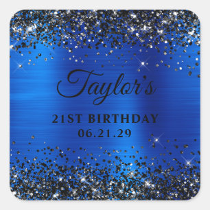 Black Glitter Royal Blue Foil 21st Birthday Square Sticker