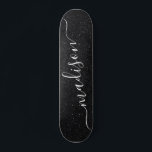 Black Glitter Shimmer Custom Personalised Name Skateboard<br><div class="desc">Black Glitter Shimmer Custom Personalised Name Skateboard features a modern Black glitter shimmer with your personalised name in the centre. Designed by ©Evco Studio www.zazzle.com/store/evcostudio</div>