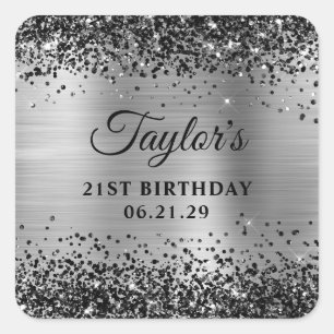 Black Glitter Silver Foil 21st Birthday Square Sticker