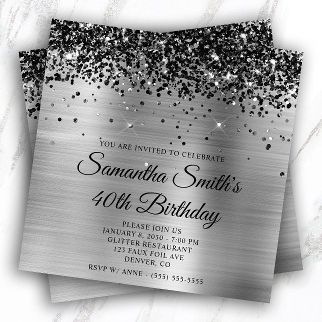 Black Glitter Silver Foil 40th Birthday Invitation (Black Glitter Silver Gold Foil 40th Birthday Invitation)