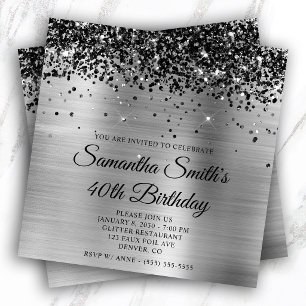 Black Glitter Silver Gold Foil 40th Birthday Invitation