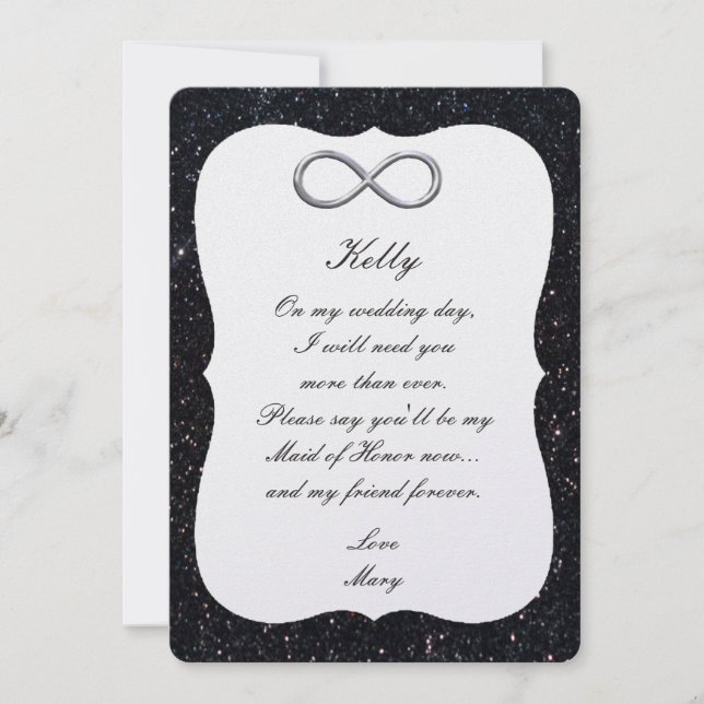 Black Glitter Silver Infinity Maid Of Honour Card (Front)