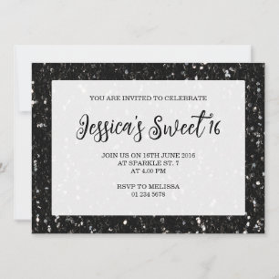 Black glitter sparkles Sweet 16 elegant script Invitation