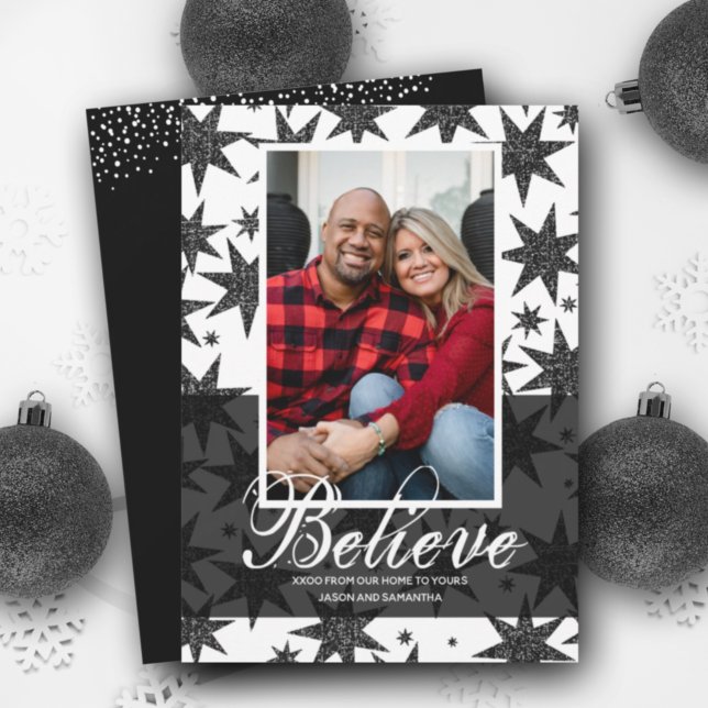 Black Glitter Stars Believe Christmas Photo Holiday Card (Creator Uploaded)