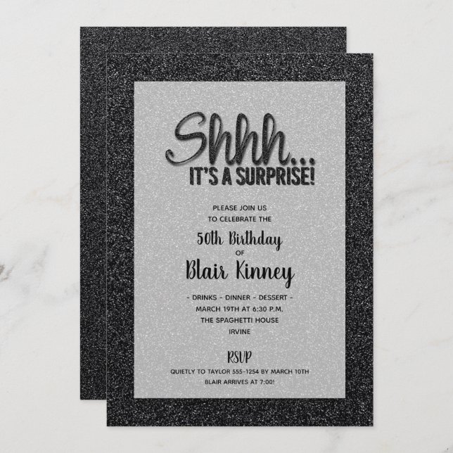 Black Glitter SURPRISE Birthday Invitation (Front/Back)