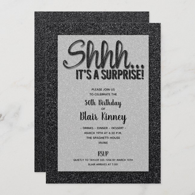 Black Glitter SURPRISE Birthday Invitations (Front/Back)