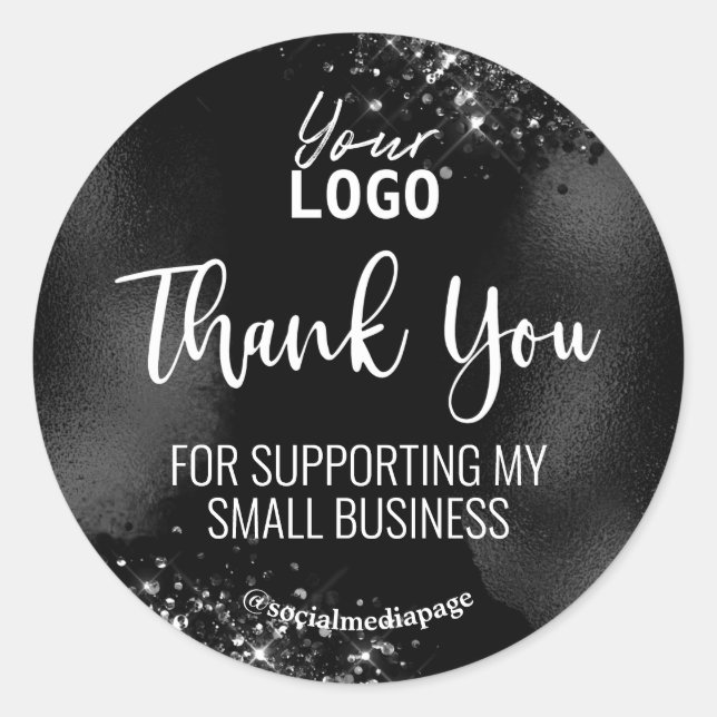 Black Glitter Thank You For Your Support Logo Classic Round Sticker (Front)