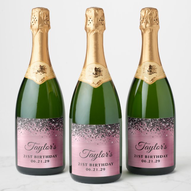 Black Glitter Top Border Pink Foil 21st Birthday Sparkling Wine Label (Bottles)