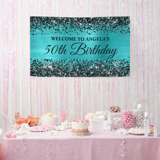 Black Glitter Turquoise Blue 50th Birthday Welcome Banner (Party)