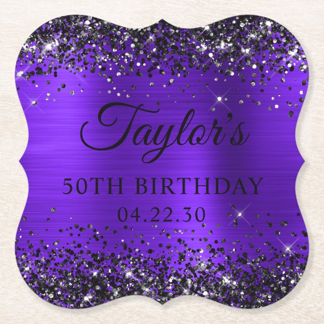 Black Glitter Violet Foil 50th Birthday Paper Coaster (Front)