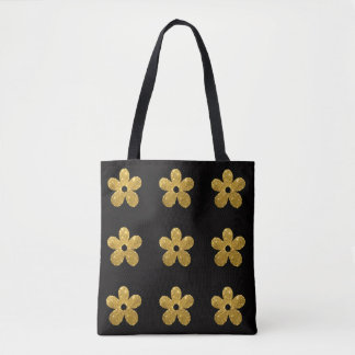 Black & Glittering Gold Flowers  Tote Bag