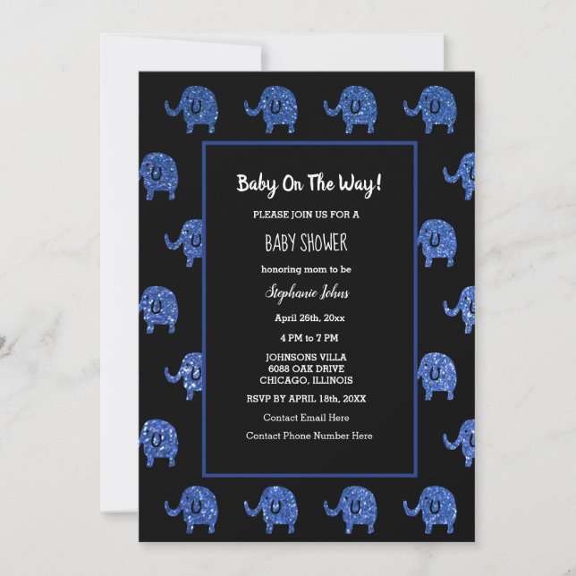 Black Glittery Blue Baby Shower Elephant Animals Invitation (Front)