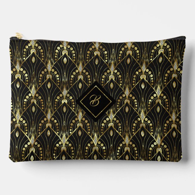 Black Glittery Gold & Silver Art Deco Pattern Accessory Pouch (Front)