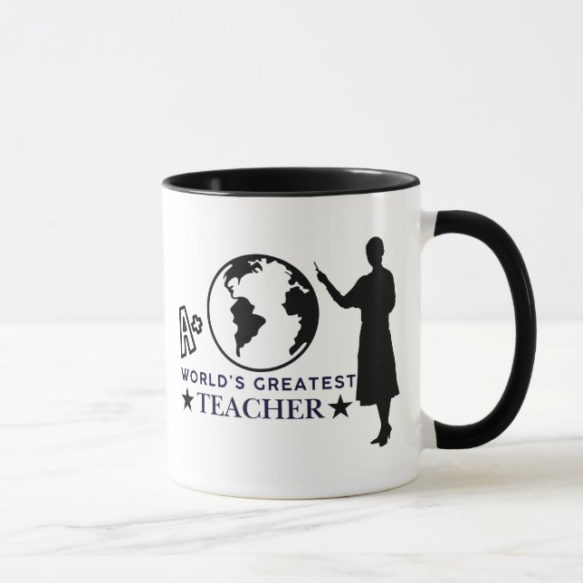 Black Globe & Silhouette A+ World Greatest Teacher Mug (Right)