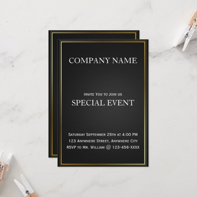 Black Gloden Frame Corporate Party Invitation Card (Front/Back In Situ)