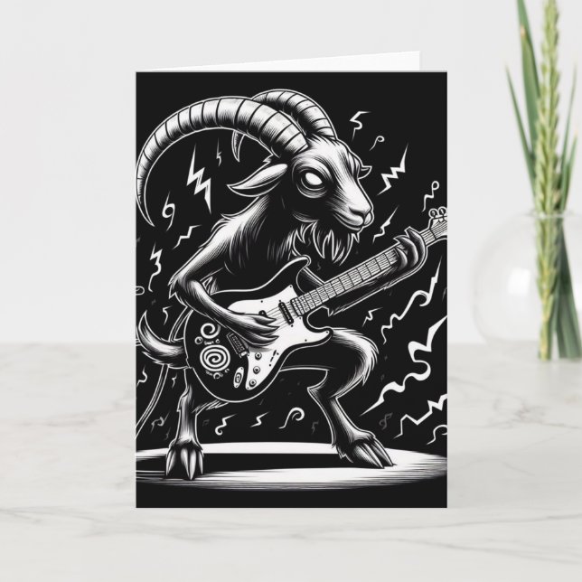 Black Goat Playing Guitar Black and White Card (Front)