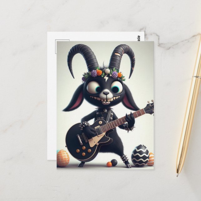 Black Goat Playing Guitar Happy Easter Postcard (Front/Back In Situ)