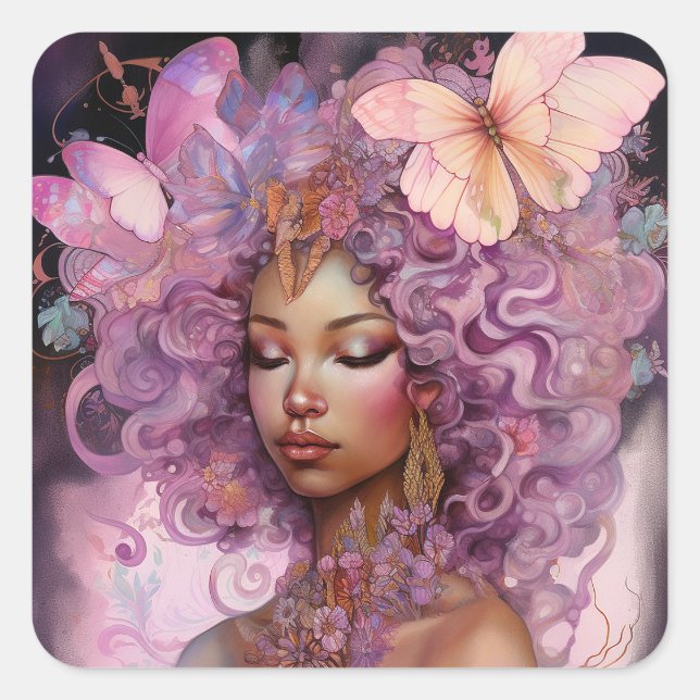 Black Goddess Pink Purple Fantasy Art Square Sticker (Front)