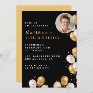 Black Gold 12th birthday invitation Balloon Photo 