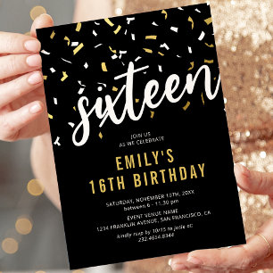 Black & Gold 16th Birthday Sweet Sixteen Invitation