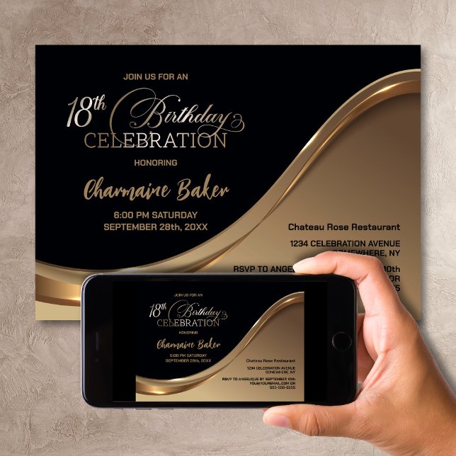 Black Gold 18th Birthday Party Invitation (Creator Uploaded)