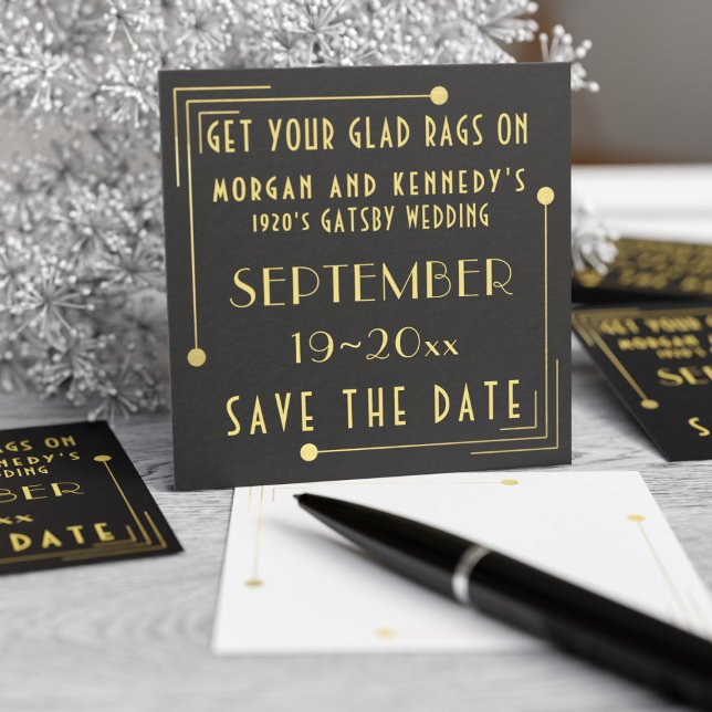 Black Gold 1920s Art Deco Bulk Save the Date (A pack of 100 business card sized save the dates for your Gatsby Wedding. Just add your detail)